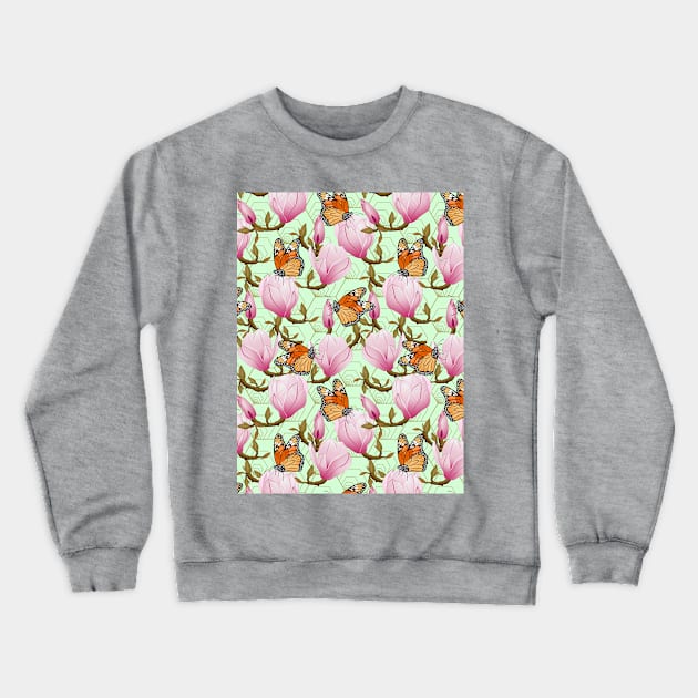 Magnolia Flowers With Butterflies On Green Background Crewneck Sweatshirt by Designoholic